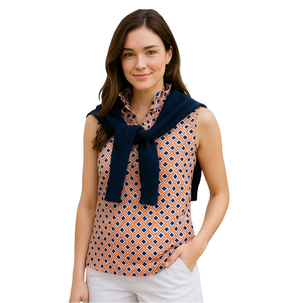 Talbots Orange and Navy Geometric Sleeveless Top